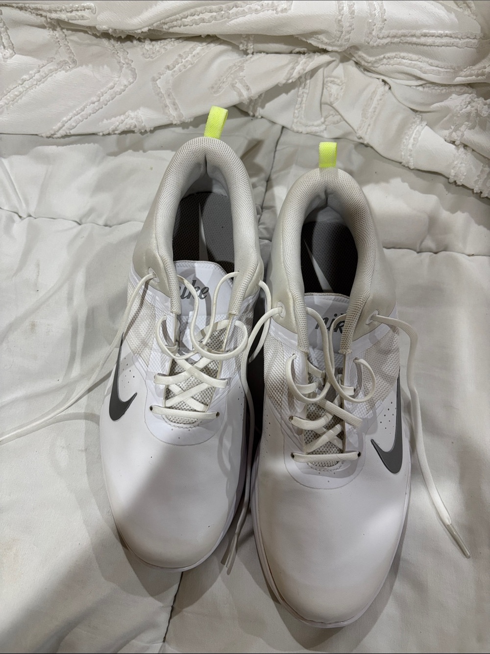 Nike Womans White Golf Shoes with Gray Swoosh and Neon Pull Tabs